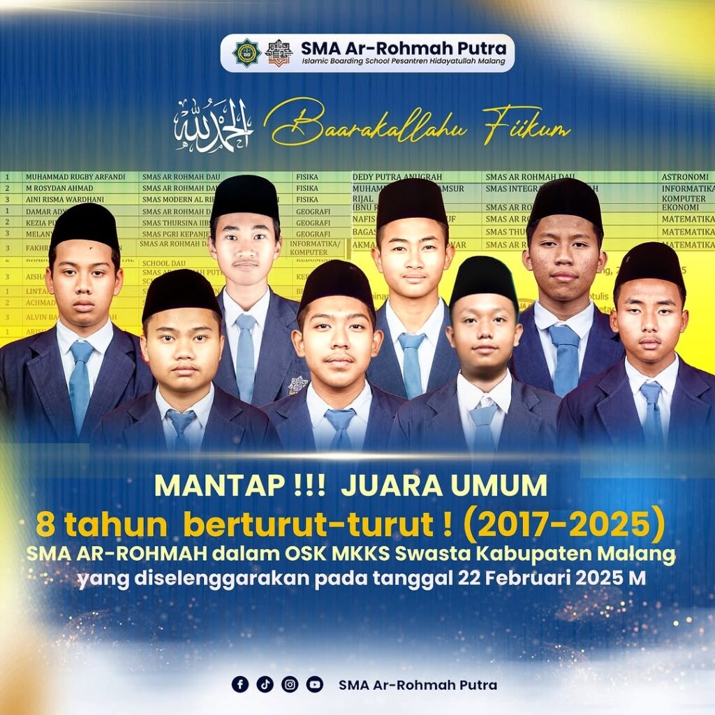 8 Kali Berturut-turut, SMA Ar-Rohmah Putra Raih Juara Umum Olimpiade Sains Se-Kabupaten Malang