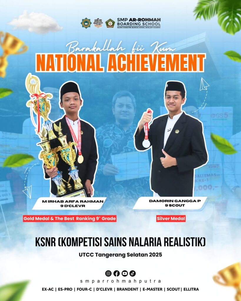 Luar biasa! Mirhab Arfa Rahman (Emas) dan Damorin Gangga P (Perak), siswa SMP Ar Rohmah Putra (SPARTA), menjuarai KSNR tingkat nasional. 14 Barakallah fii kum santri santri Sparta Dua santri hebat SPARTA membuktikan bahwa semangat b