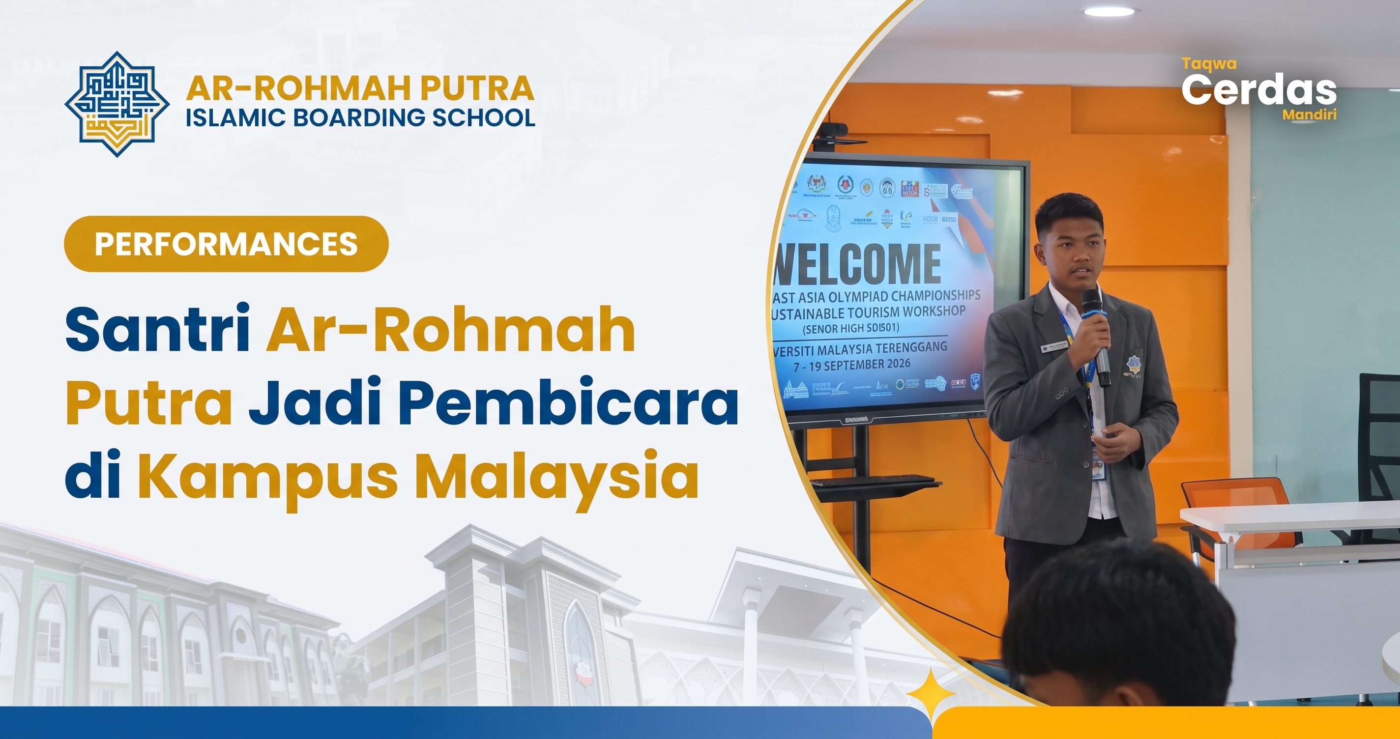 Santri Pembicara Internasional: Prestasi Gemilang Zamzam Multazam di Malaysia 2026 4 Aksi santri pembicara internasional dari Ar-Rohmah Putra berpidato di Universiti Malaysia Terengganu