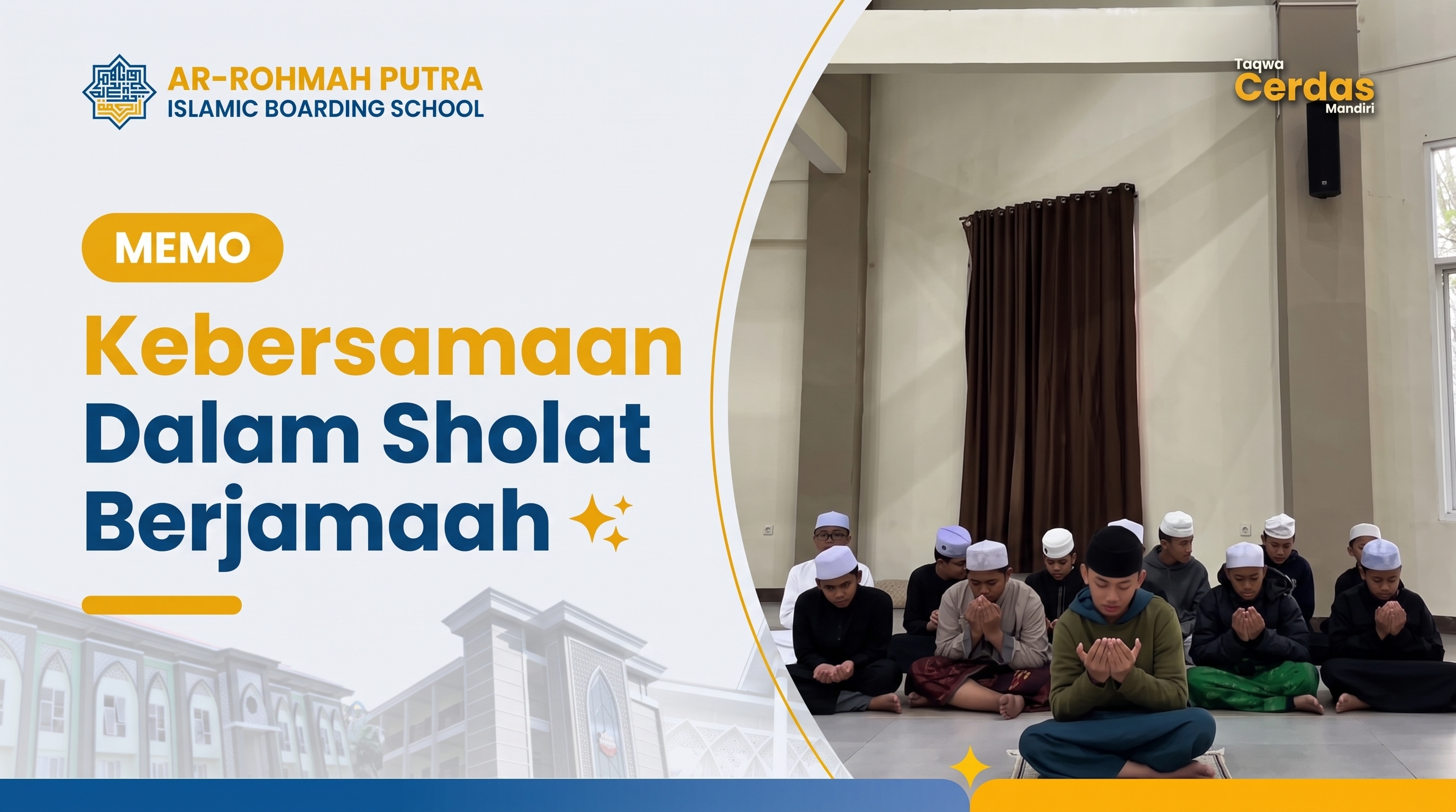 Santri Ar-Rohmah Putra Malang melaksanakan sholat berjamaah di pesantren dengan shaf rapat dan khusyuk